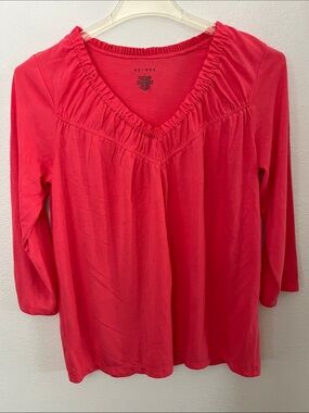 Axcess Coral Red V-Neck Lightweight Long Sleeve Elastic Ruffle Trim Top